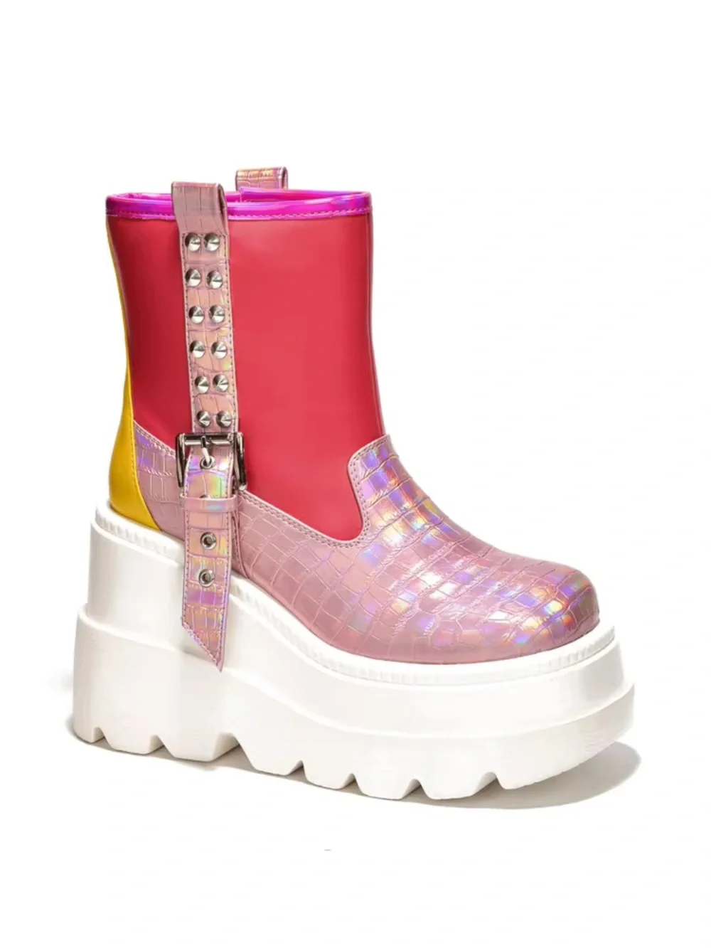 Cape Robbin Pink and Yellow Iridescent Platform Ankle Boots